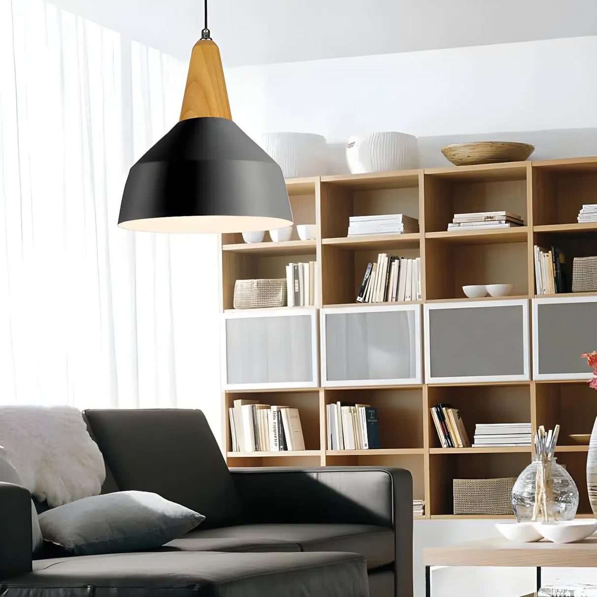 Contemporary Nordic Cone Wood Study Black Pendant Light Image - 2