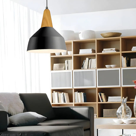 Contemporary Nordic Cone Wood Study Black Pendant Light Image - 2
