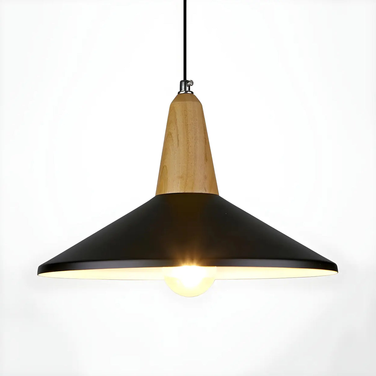 Contemporary Nordic Cone Wood Study Black Pendant Light Image - 6