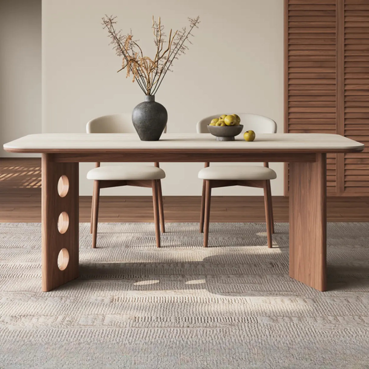 Contemporary Rectangular Beige Stone Top Wood Dining Table Image - 2