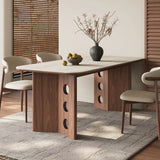 Contemporary Rectangular Beige Stone Top Wood Dining Table Image - 4