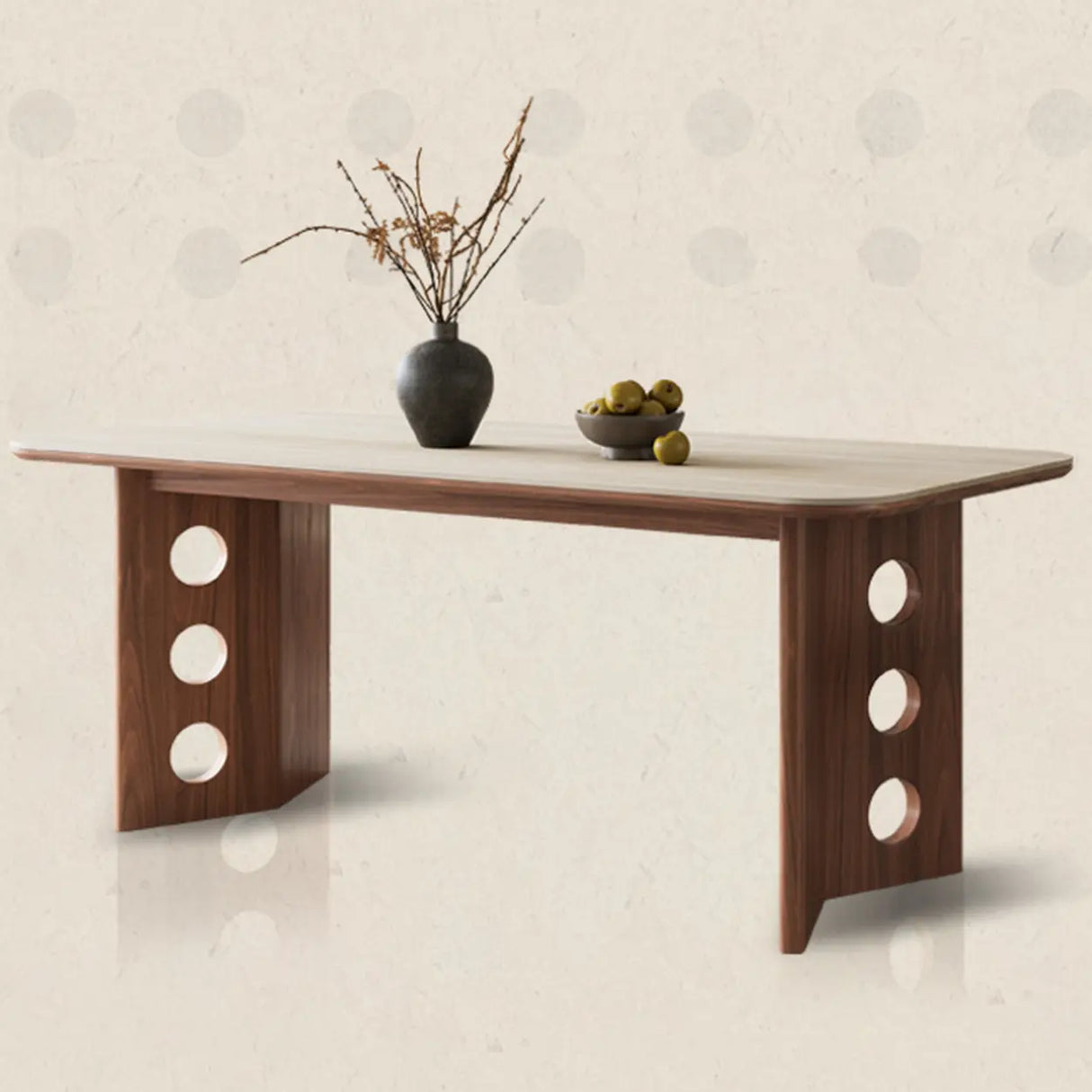 Contemporary Rectangular Beige Stone Top Wood Dining Table Image - 5