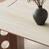 Contemporary Rectangular Beige Stone Top Wood Dining Table Image - 6