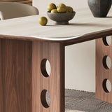 Contemporary Rectangular Beige Stone Top Wood Dining Table Image - 9