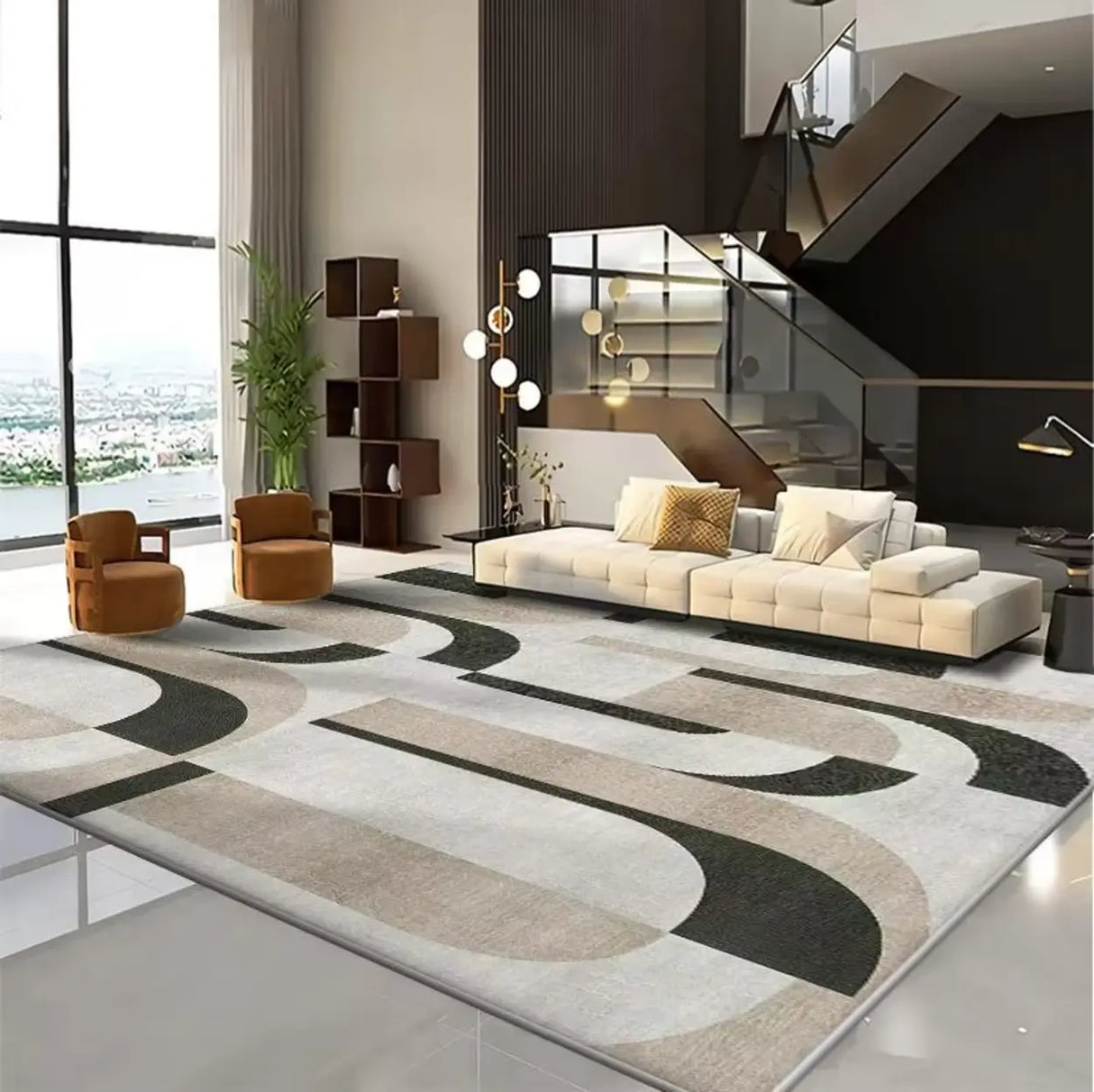 Contemporary Rectangular Fabric Gray Striped Area Rug Image - 5