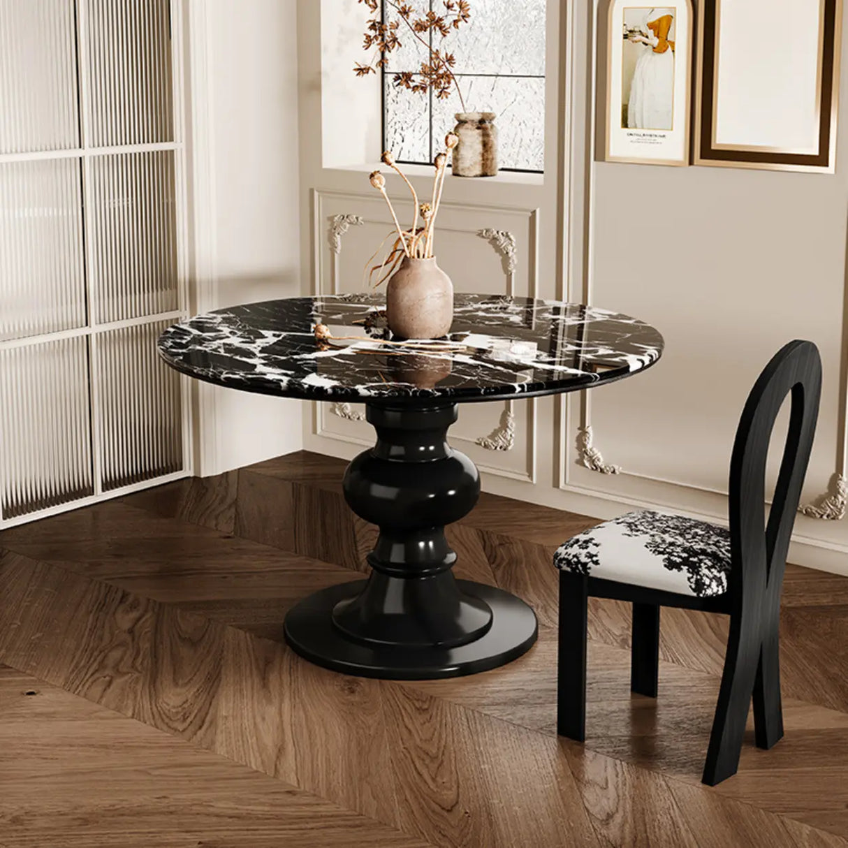 Contemporary Round Black And White Stone Tabletop Dining Table Image - 3