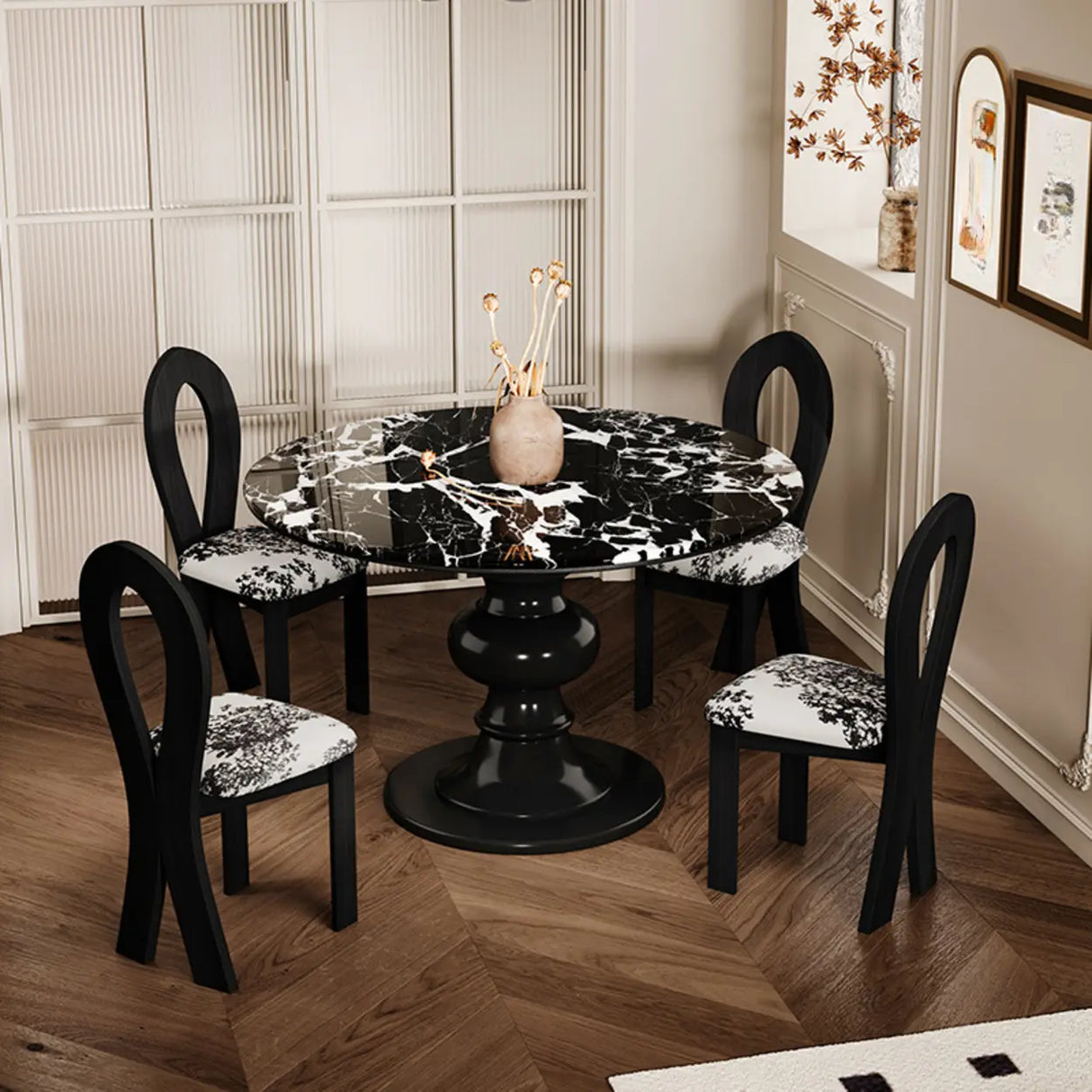 Contemporary Round Black And White Stone Tabletop Dining Table Image - 5