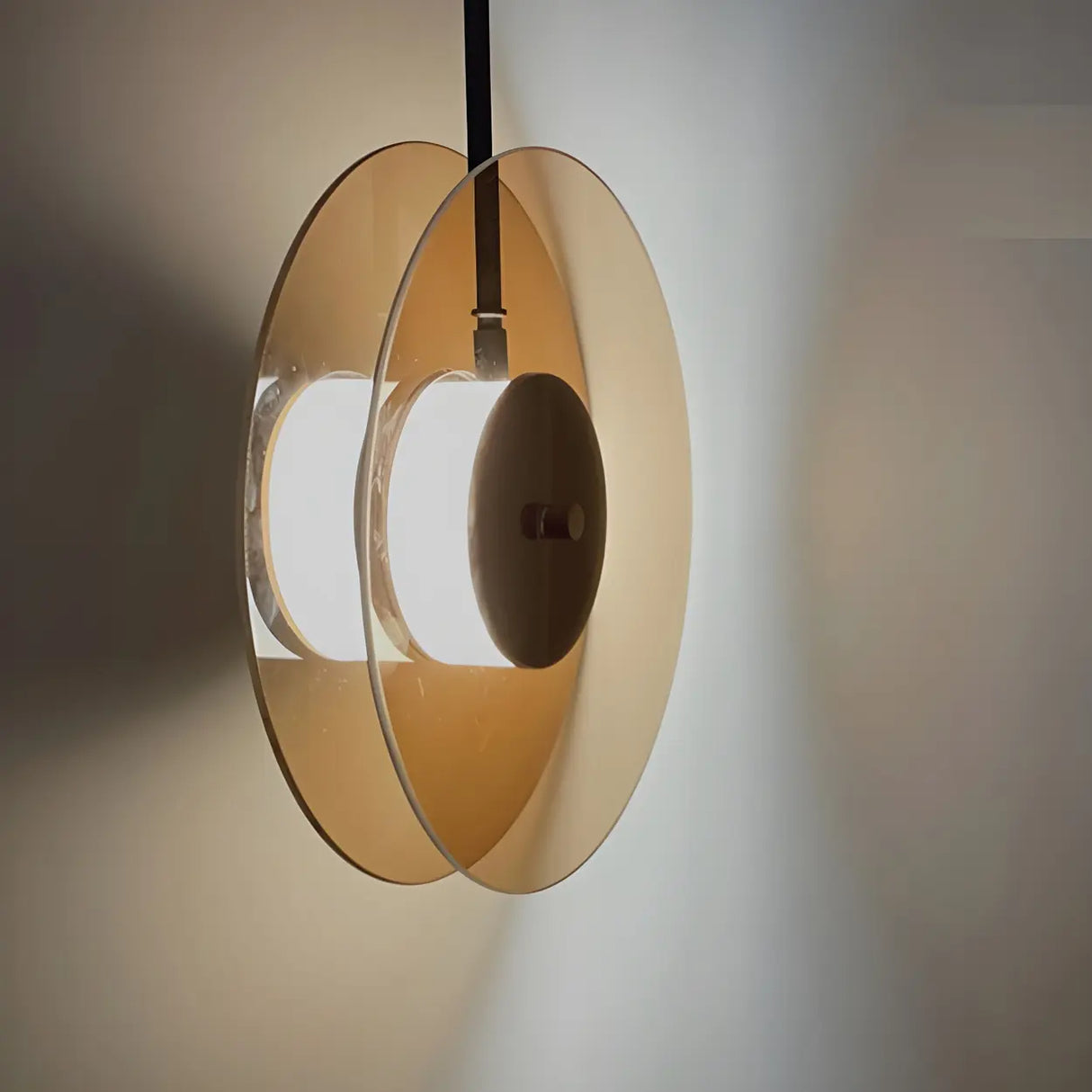 Contemporary Round Disc Amber Glass Bedroom Pendant Light Image - 11