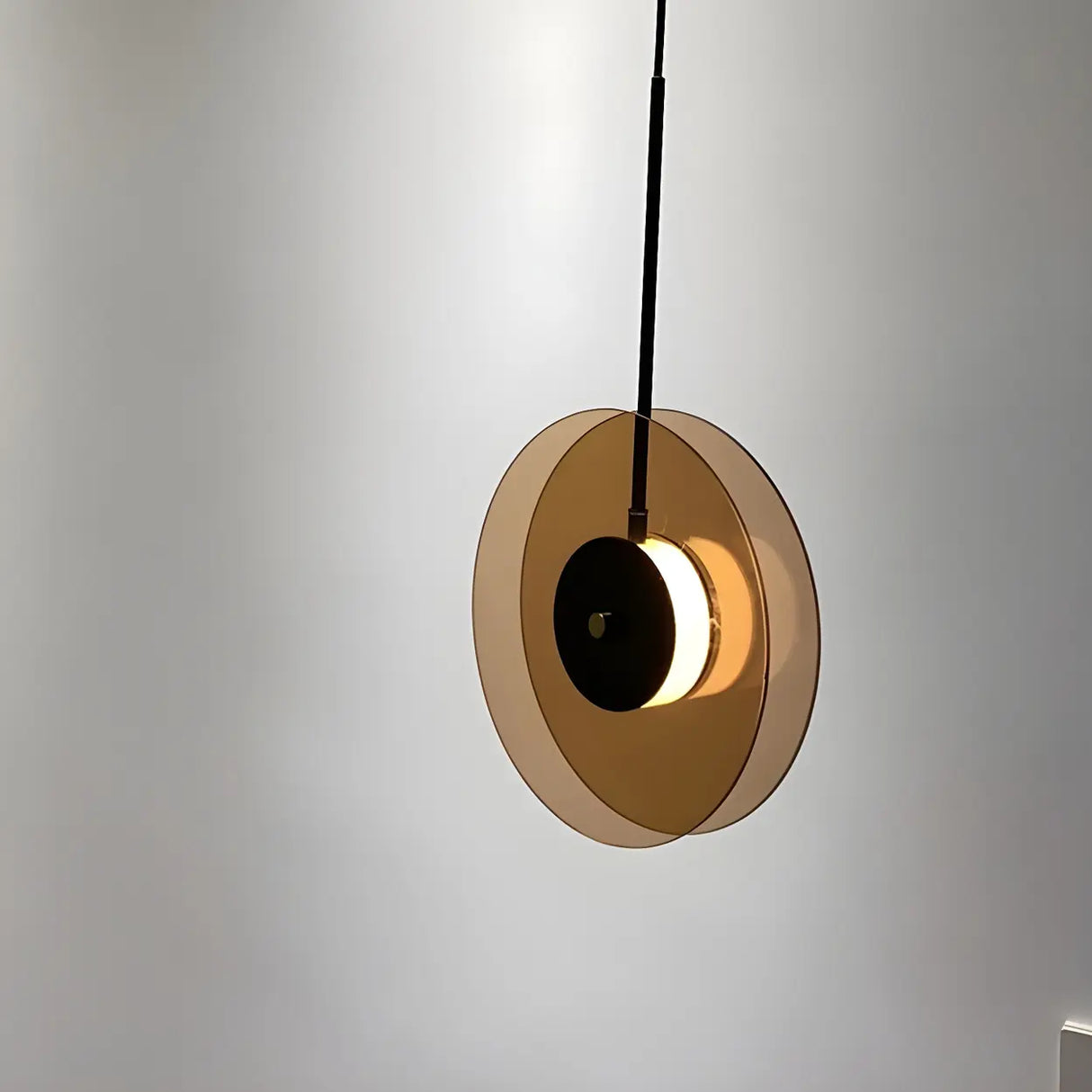 Contemporary Round Disc Amber Glass Bedroom Pendant Light Image - 12