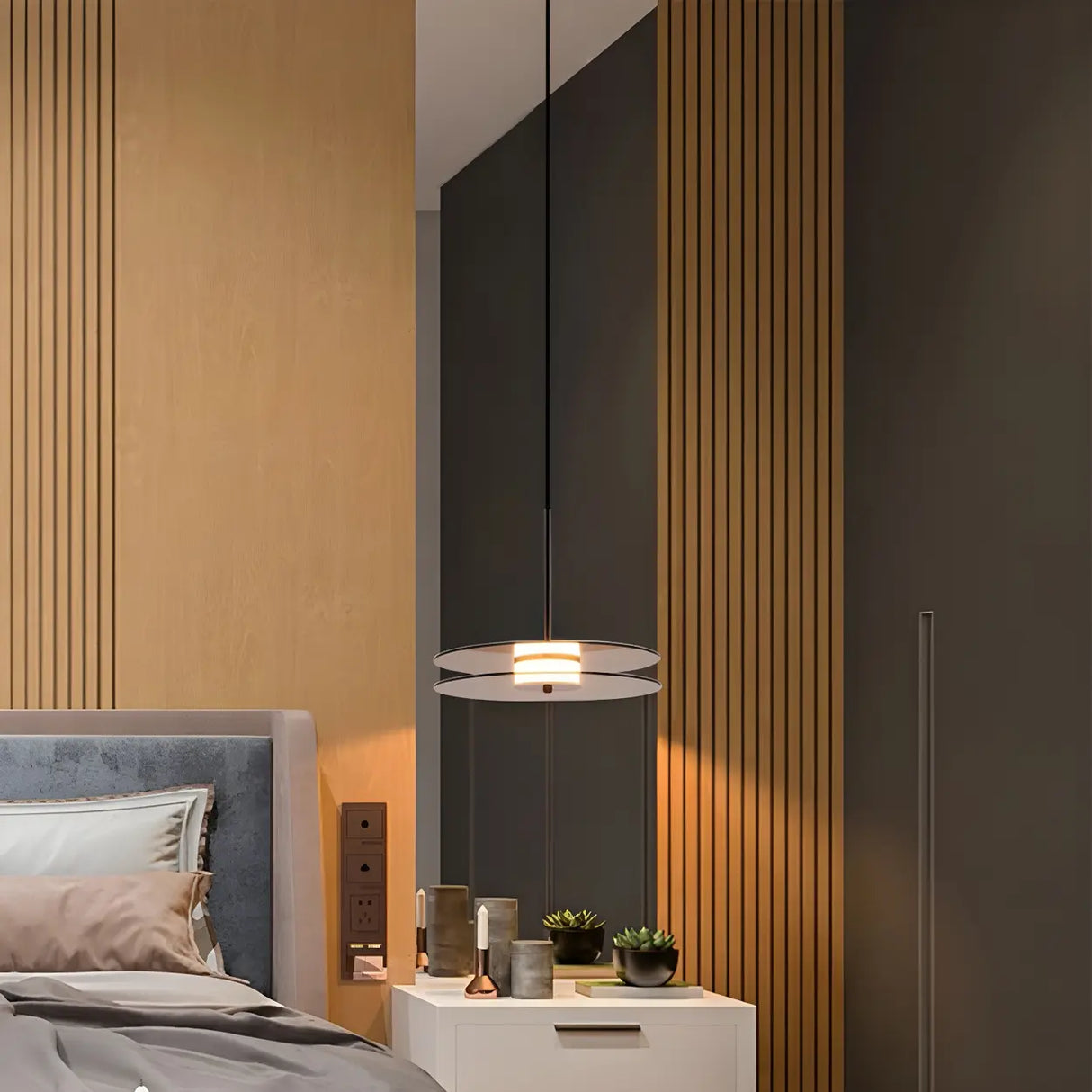 Contemporary Round Disc Amber Glass Bedroom Pendant Light Image - 3