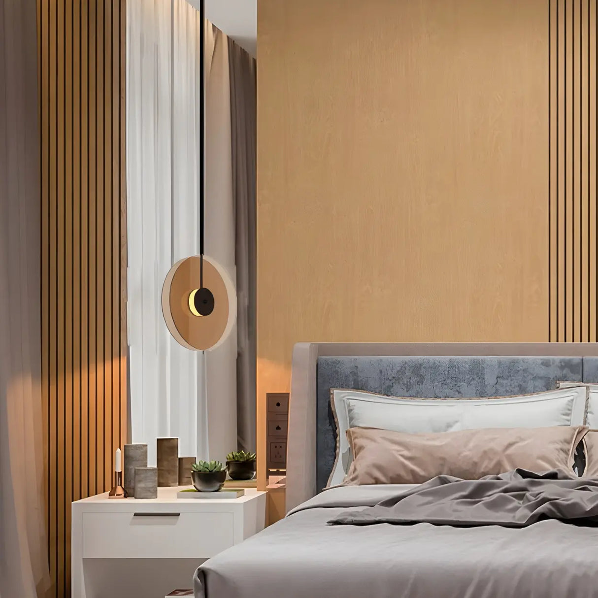 Contemporary Round Disc Amber Glass Bedroom Pendant Light Image - 4