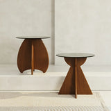 Contemporary Round Glass Walnut Wood Abstract Base Side Table Image - 1