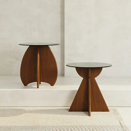 Contemporary Round Glass Walnut Wood Abstract Base Side Table Image - 1