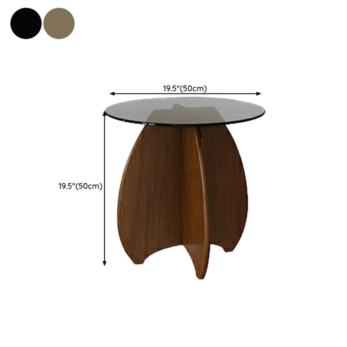 Contemporary Round Glass Walnut Wood Abstract Base Side Table 