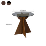 Contemporary Round Glass Walnut Wood Abstract Base Side Table Image - 11