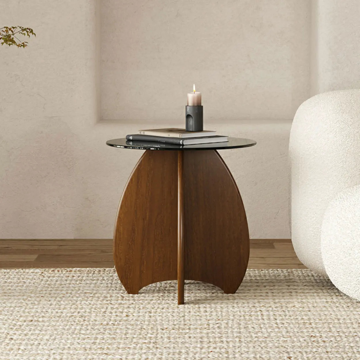 Contemporary Round Glass Walnut Wood Abstract Base Side Table Image - 3