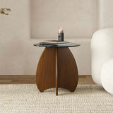Contemporary Round Glass Walnut Wood Abstract Base Side Table Image - 3