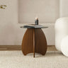 Contemporary Round Glass Walnut Wood Abstract Base Side Table Image - 3