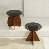 Contemporary Round Glass Walnut Wood Abstract Base Side Table Image - 4