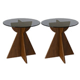 Contemporary Round Glass Walnut Wood Abstract Base Side Table Image - 5