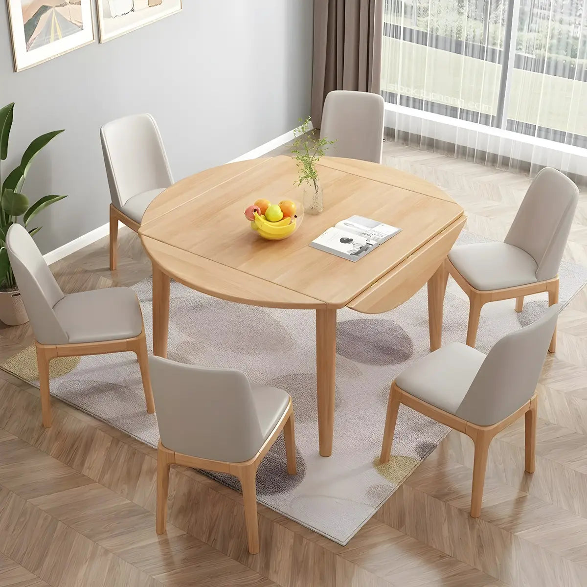 Contemporary Round Rubber Wood Dining Table Extendable Image - 1