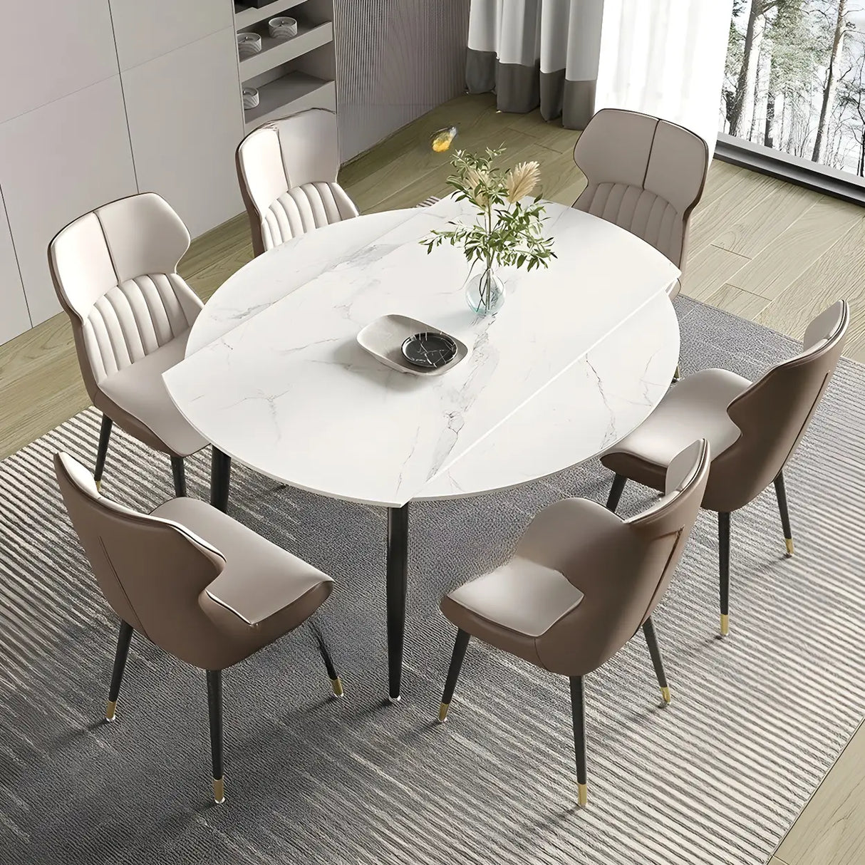 Contemporary Round Stone Dining Table Grey Extendable Image - 7