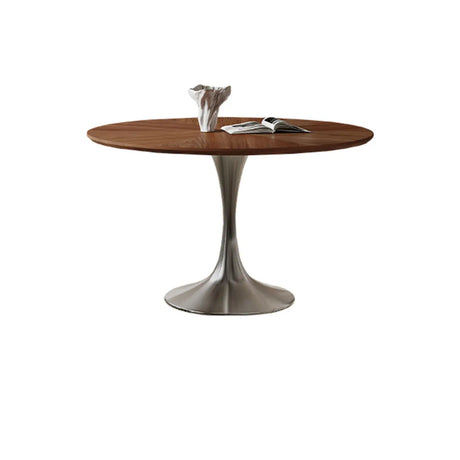 Contemporary Small Metal Base Round Brown Wood Dining Table Image - 2