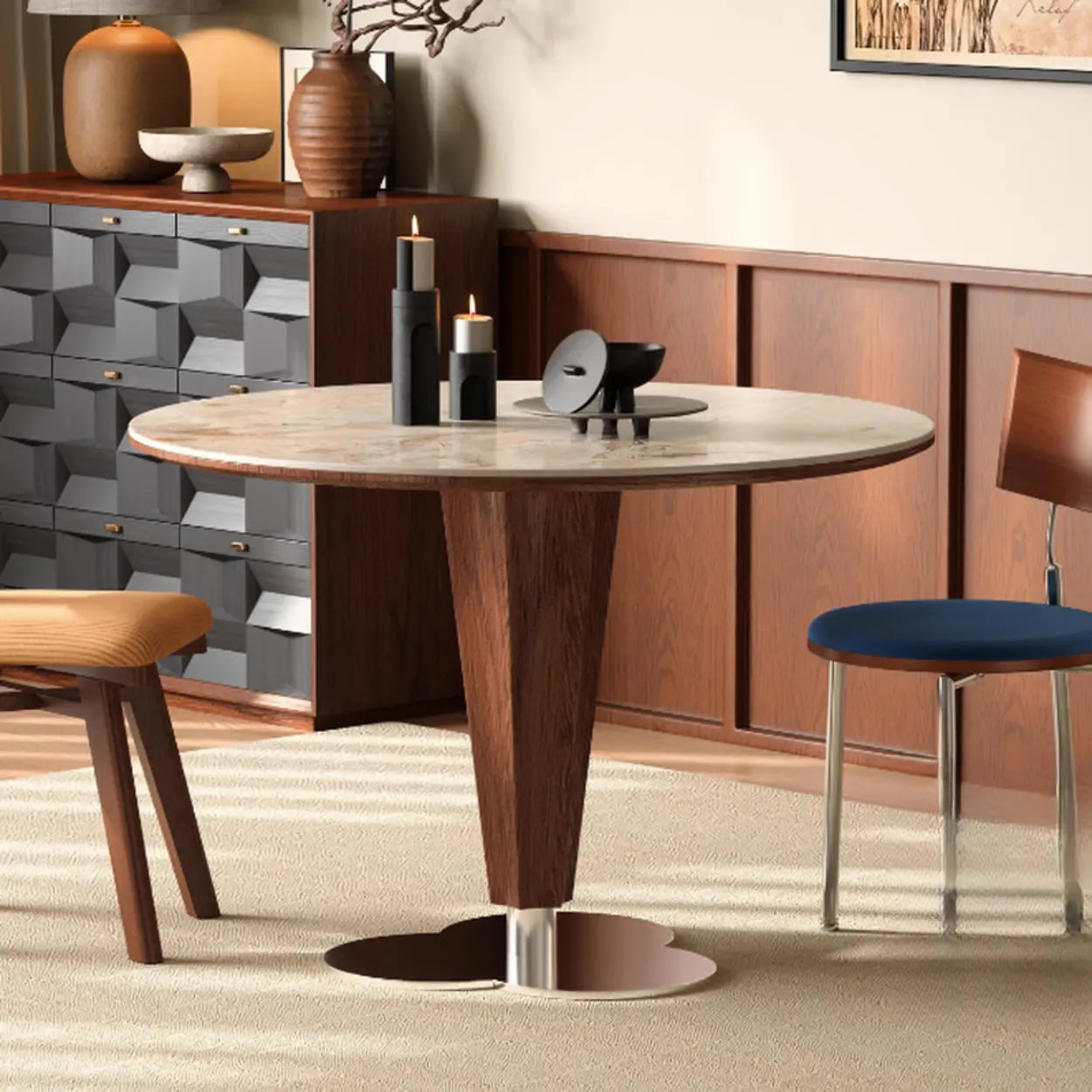 Contemporary Small Round Stone Top Wood Base Dining Table Image - 1