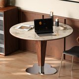 Contemporary Small Round Stone Top Wood Base Dining Table Image - 10