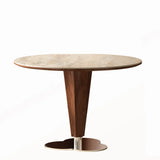 Contemporary Small Round Stone Top Wood Base Dining Table Image - 2