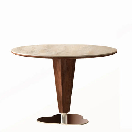 Contemporary Small Round Stone Top Wood Base Dining Table Image - 2