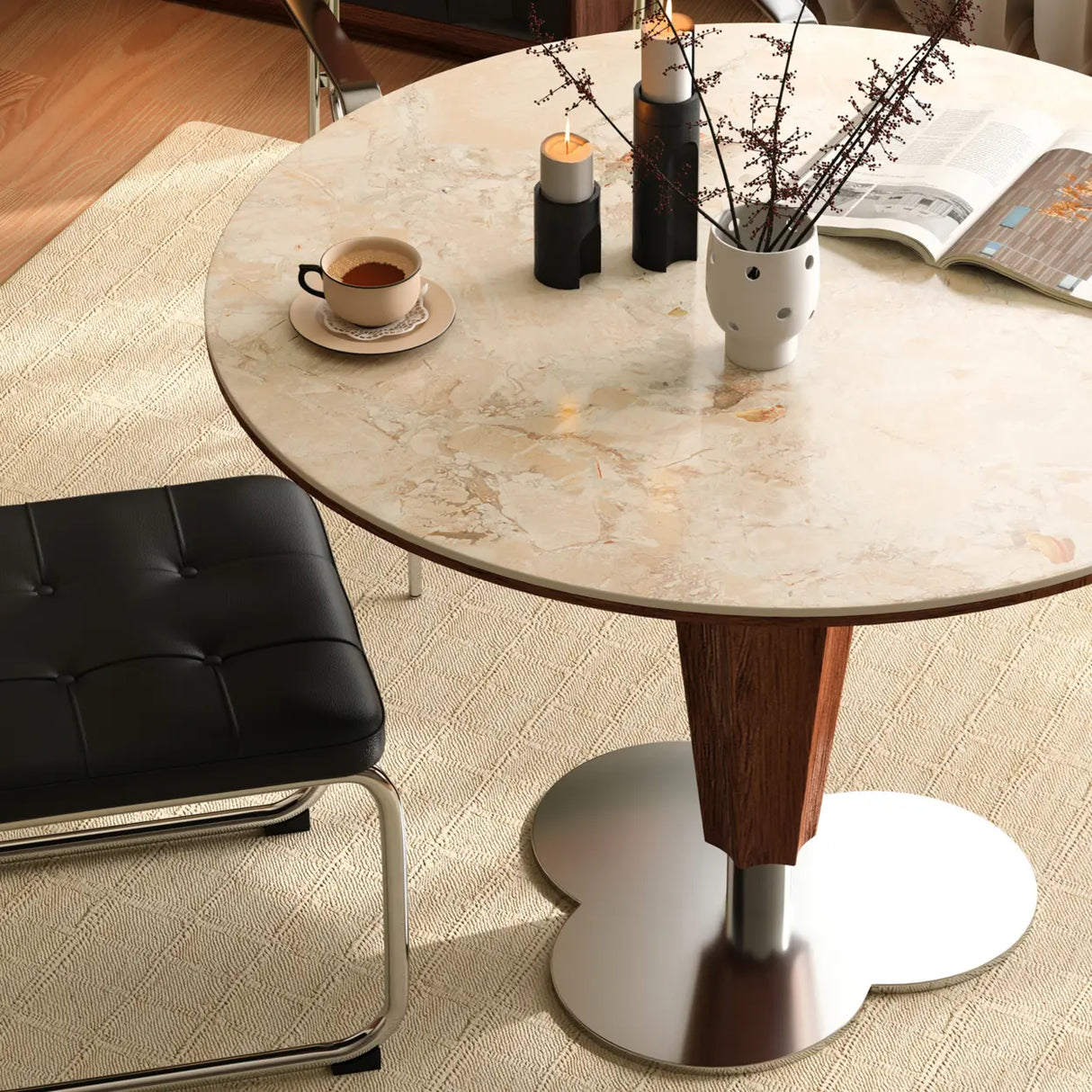 Contemporary Small Round Stone Top Wood Base Dining Table Image - 3