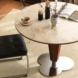 Contemporary Small Round Stone Top Wood Base Dining Table Image - 3