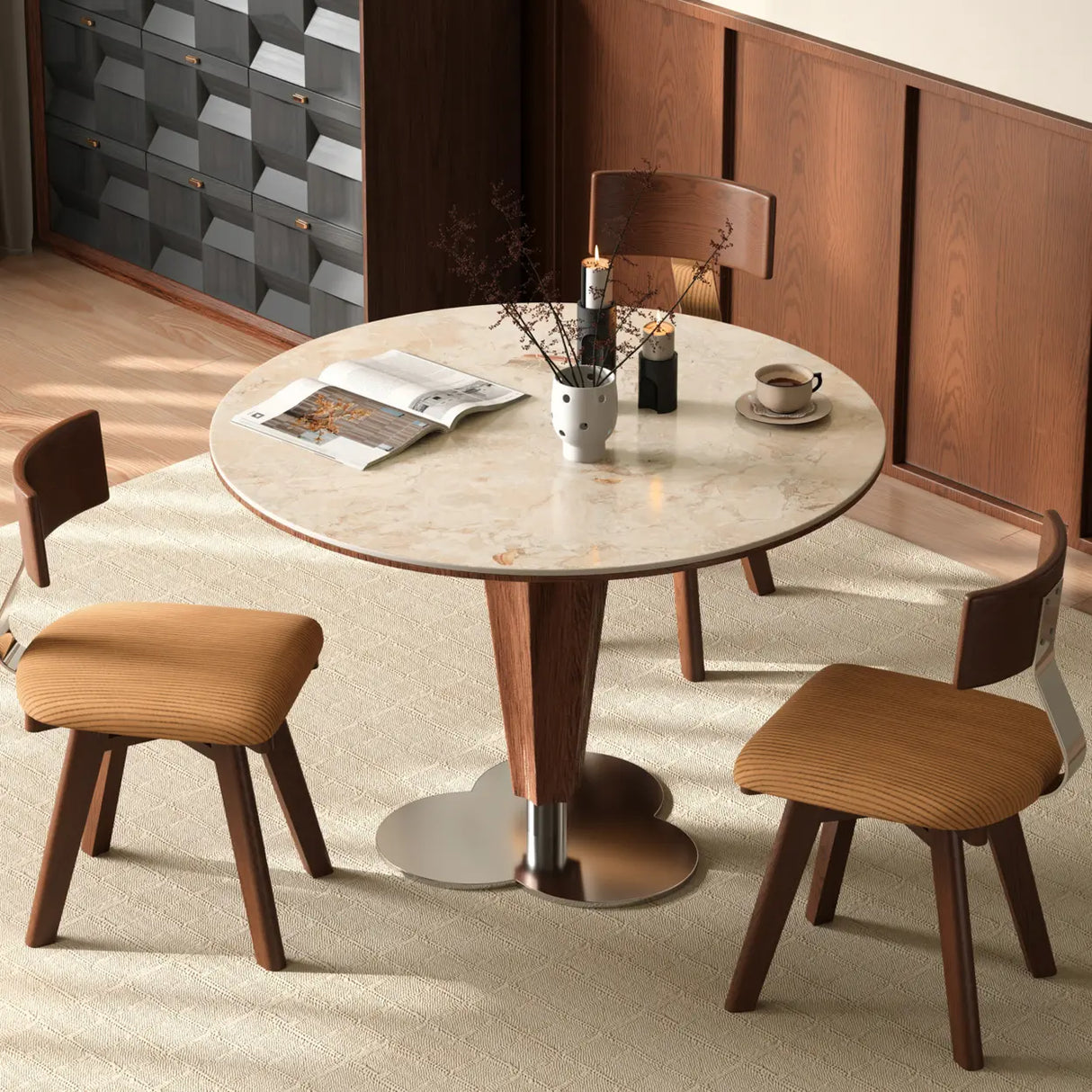 Contemporary Small Round Stone Top Wood Base Dining Table Image - 5