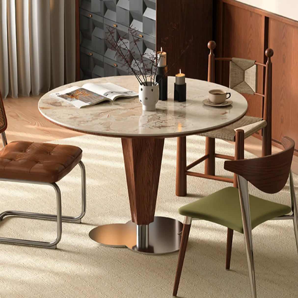 Contemporary Small Round Stone Top Wood Base Dining Table Image - 6