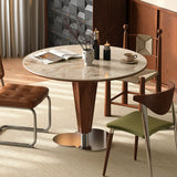 Contemporary Small Round Stone Top Wood Base Dining Table Image - 6