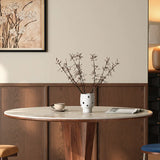 Contemporary Small Round Stone Top Wood Base Dining Table Image - 7