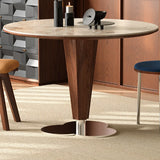 Contemporary Small Round Stone Top Wood Base Dining Table Image - 8