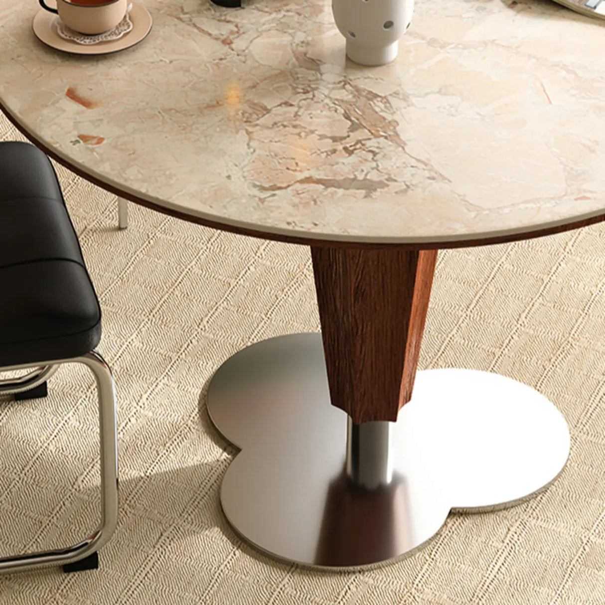 Contemporary Small Round Stone Top Wood Base Dining Table Image - 9