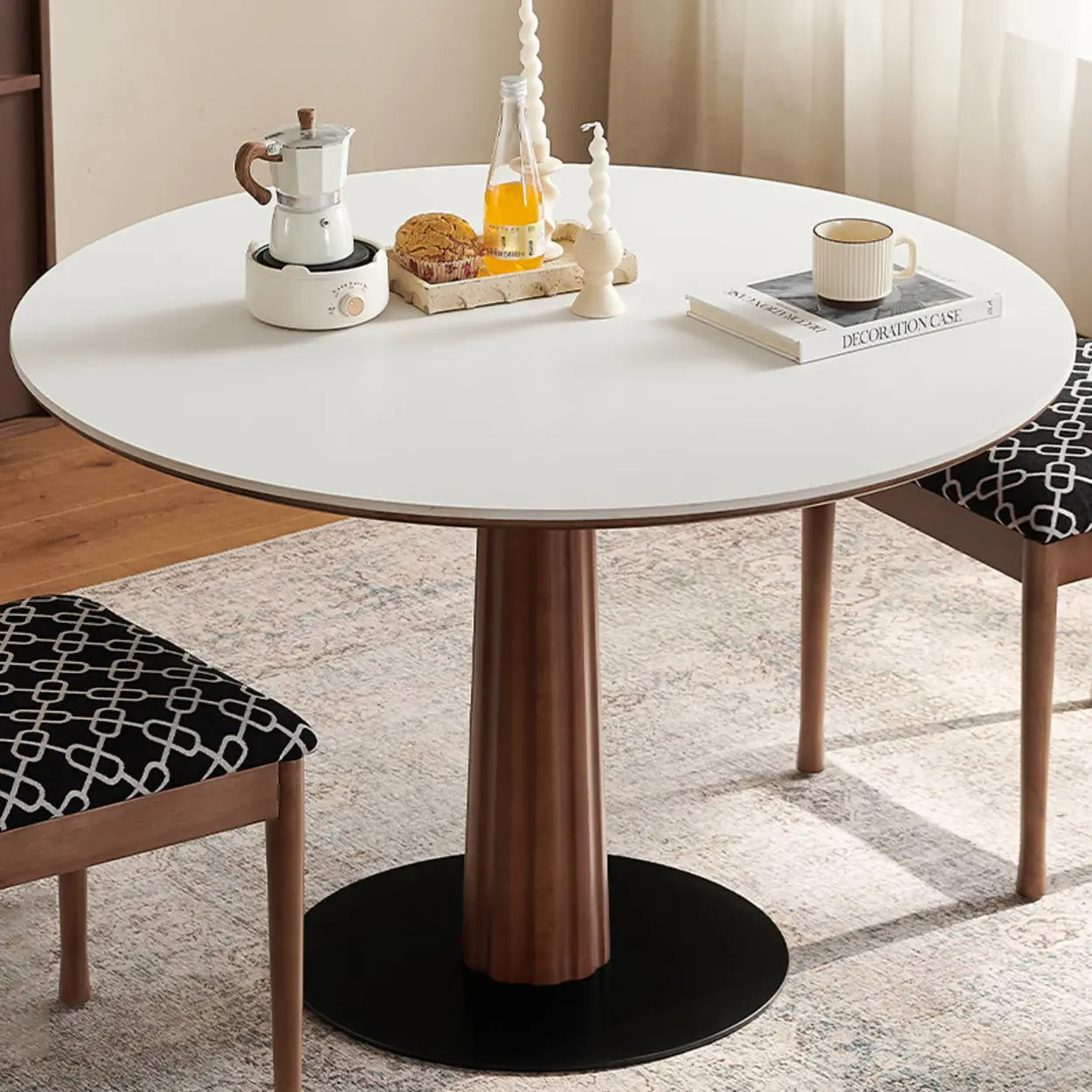 Contemporary Small Round Stone Top Wood Pedestal Dining Table Image - 1