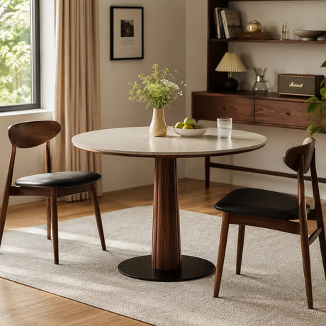 Contemporary Small Round Stone Top Wood Pedestal Dining Table Image - 1