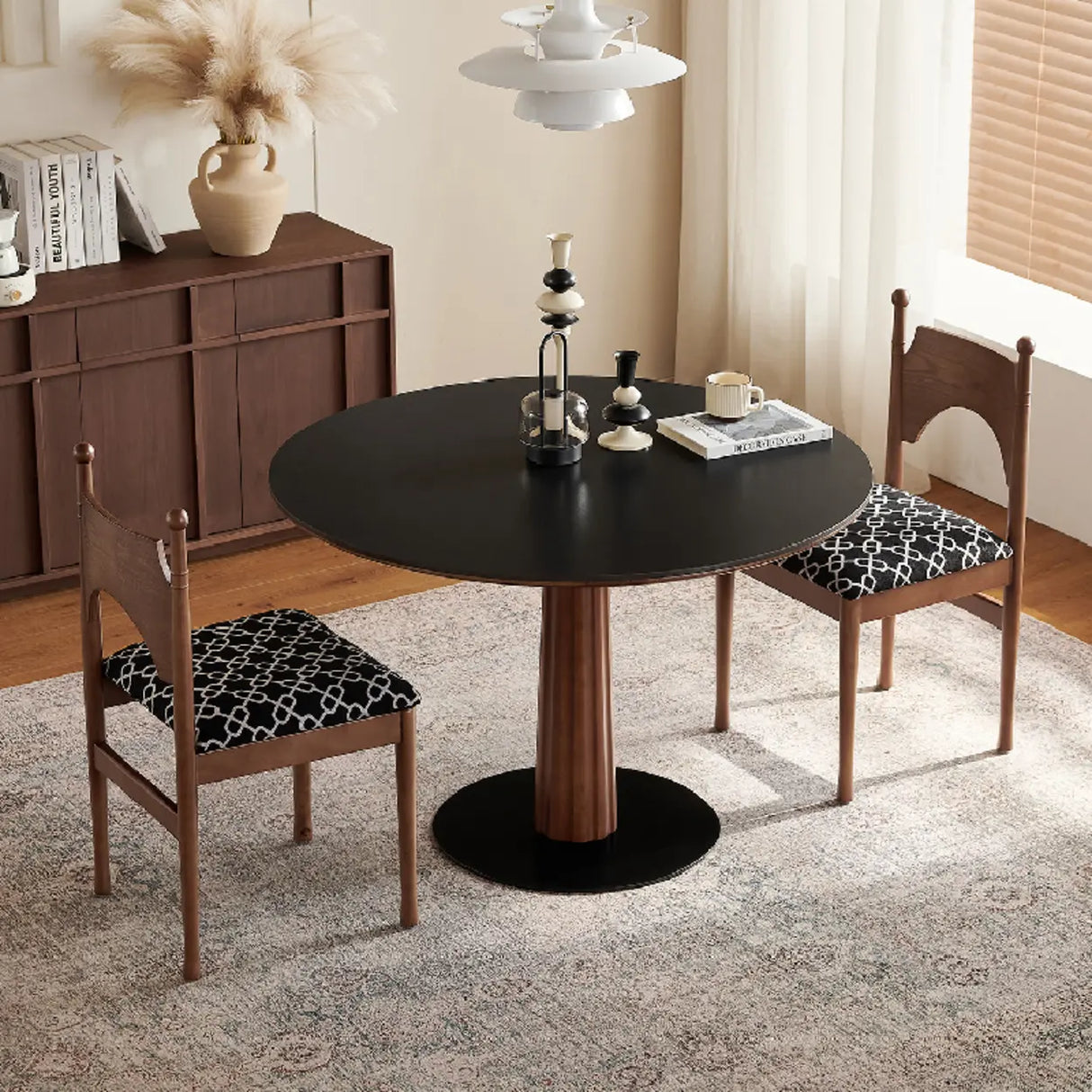 Contemporary Small Round Stone Top Wood Pedestal Dining Table Image - 4