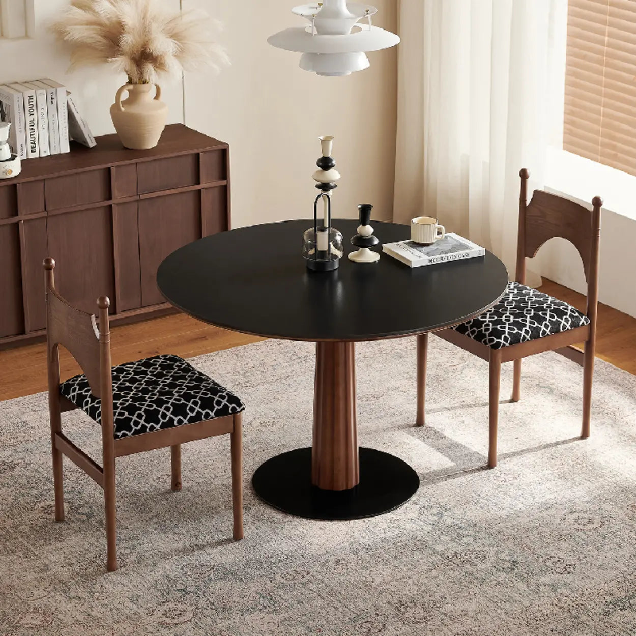 Contemporary Small Round Stone Top Wood Pedestal Dining Table Image - 4