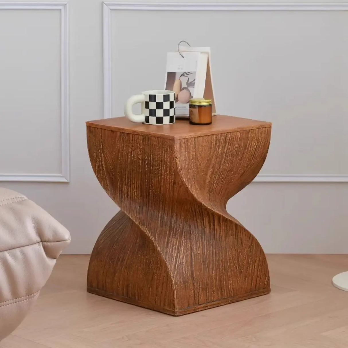 Contemporary Square Wood Sculpted Twisted Pedestal Side Table Image - 4
