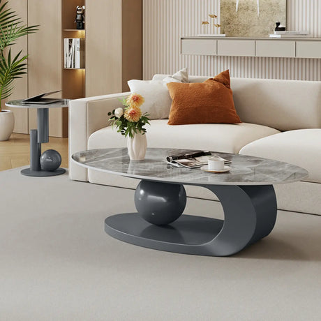 Contemporary Stone Top Abstract Metal Base Coffee Table Image - 1