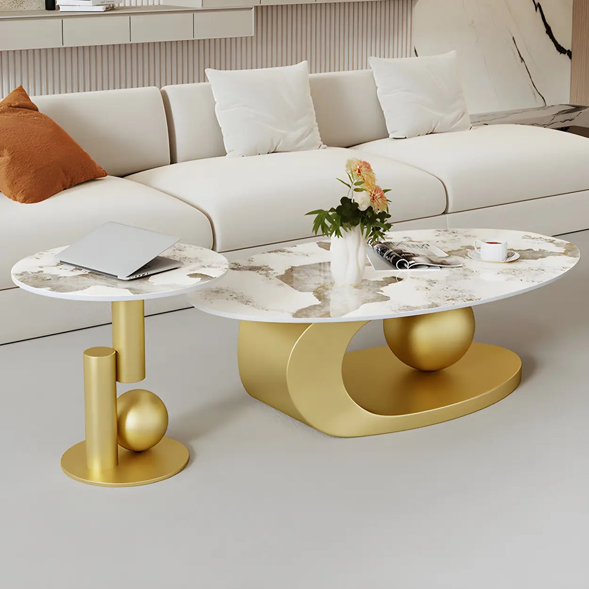 Contemporary Stone Top Abstract Metal Base Coffee Table Image - 20