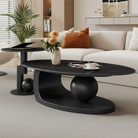 Contemporary Stone Top Abstract Metal Base Coffee Table Image - 7
