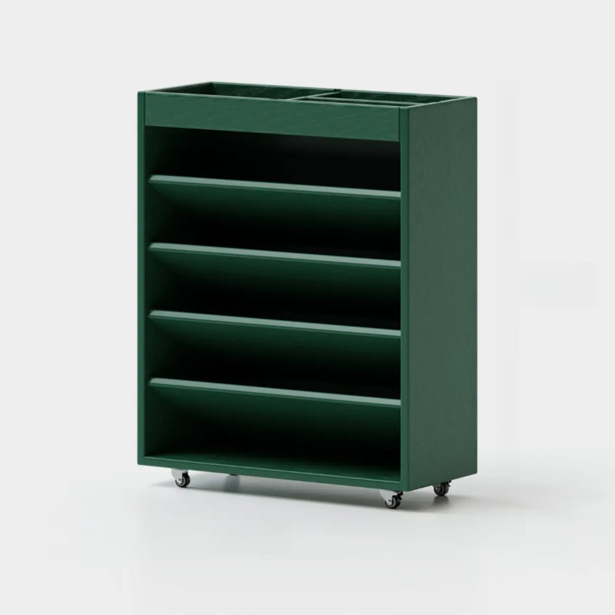 Contemporary Vertical Mobile Wood Angled Rack Bookshelf Cart Image - 2