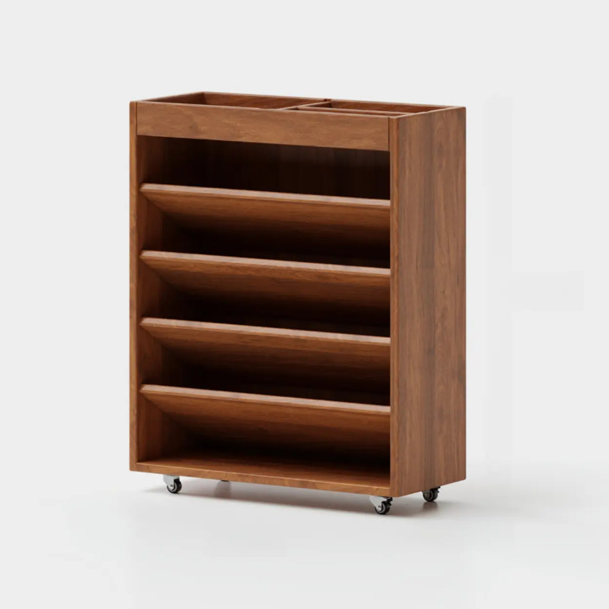 Contemporary Vertical Mobile Wood Angled Rack Bookshelf Cart Image - 5