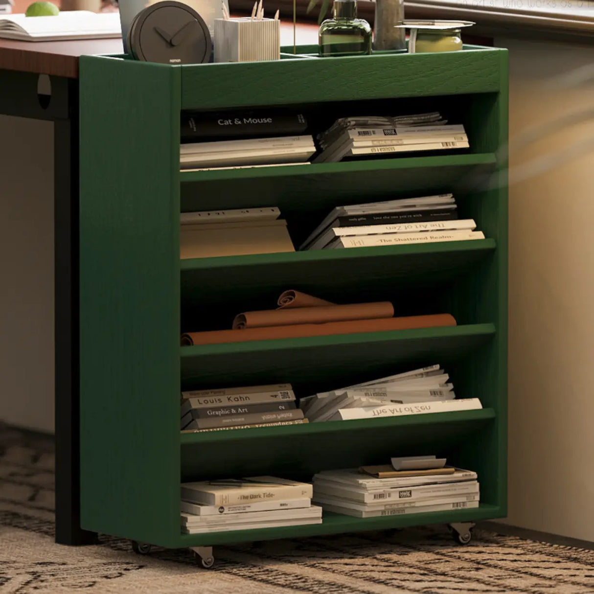 Contemporary Vertical Mobile Wood Angled Rack Bookshelf Cart Image - 6